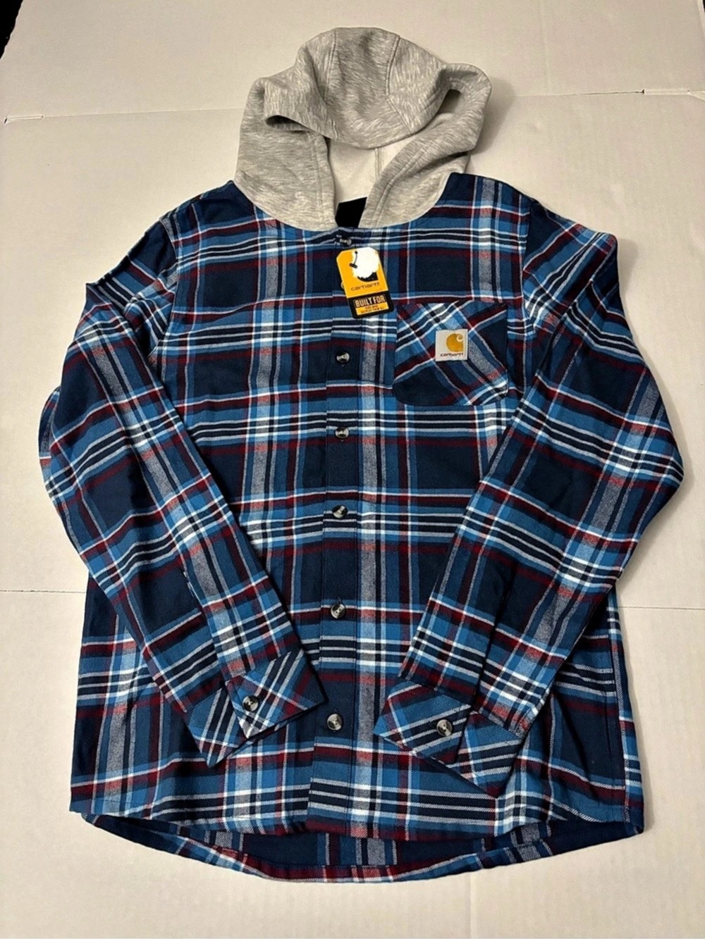 Carhartt Boys' Hooded Flannel Button-Front Long Sleeve Shirt Size L 14/16